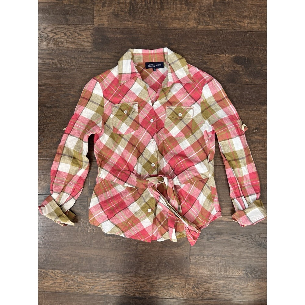 Jones New York Signature Blouse Womens Petite Small Button Up 100% Linen Plaid‎